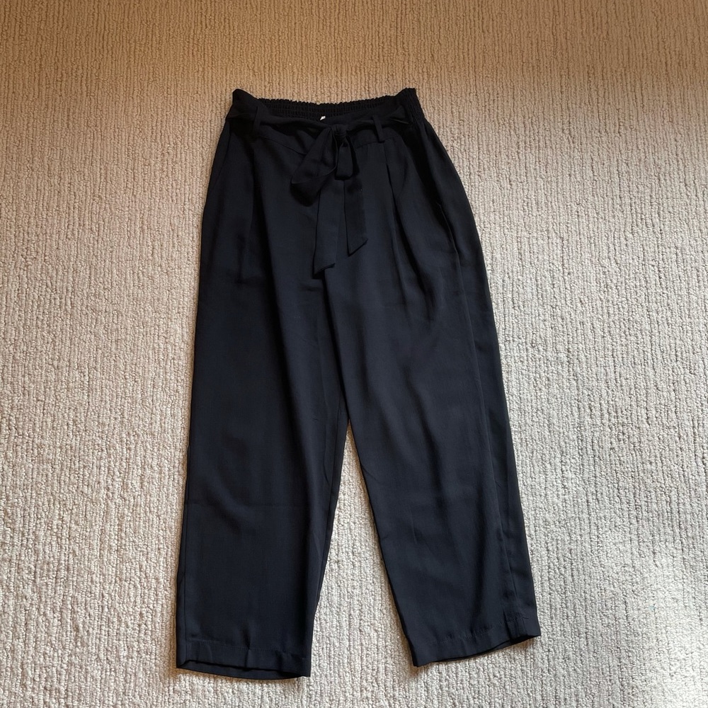 Black tie waist straight leg pants